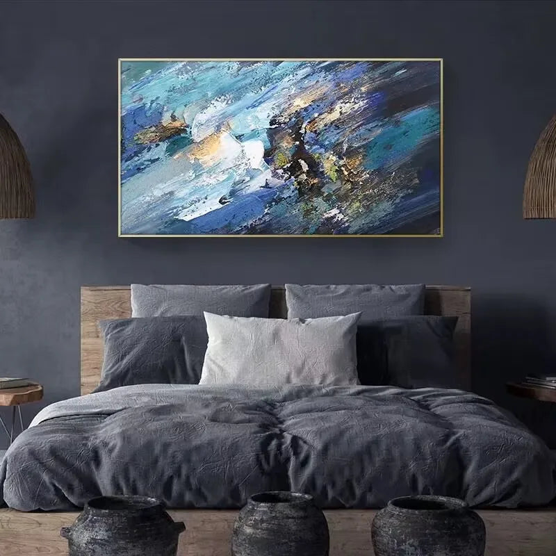 Hand Drawn Oil Painting for Bedroom Decoration, Light Luxury Living Room and Corridor Painting, Blue and Gray, High Quality Peaceful Pleasures Health and Wellness
