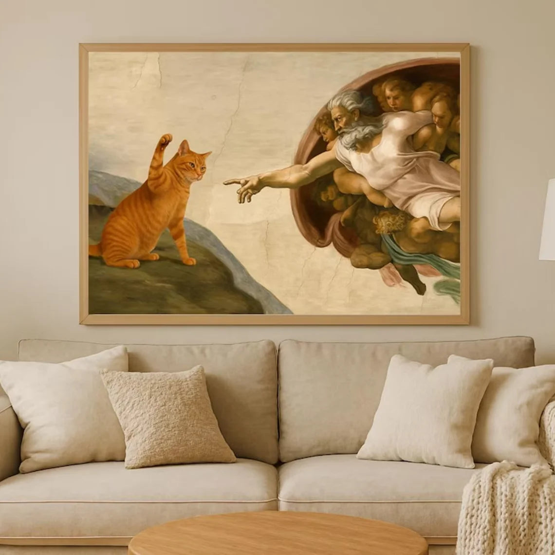 "Whimsical 'Creation of Adam' with Orange Cat Wall Print Decor - Classic Art Parody Poster for Eclectic Living Room, Quirky Peaceful Pleasures Health and Wellness