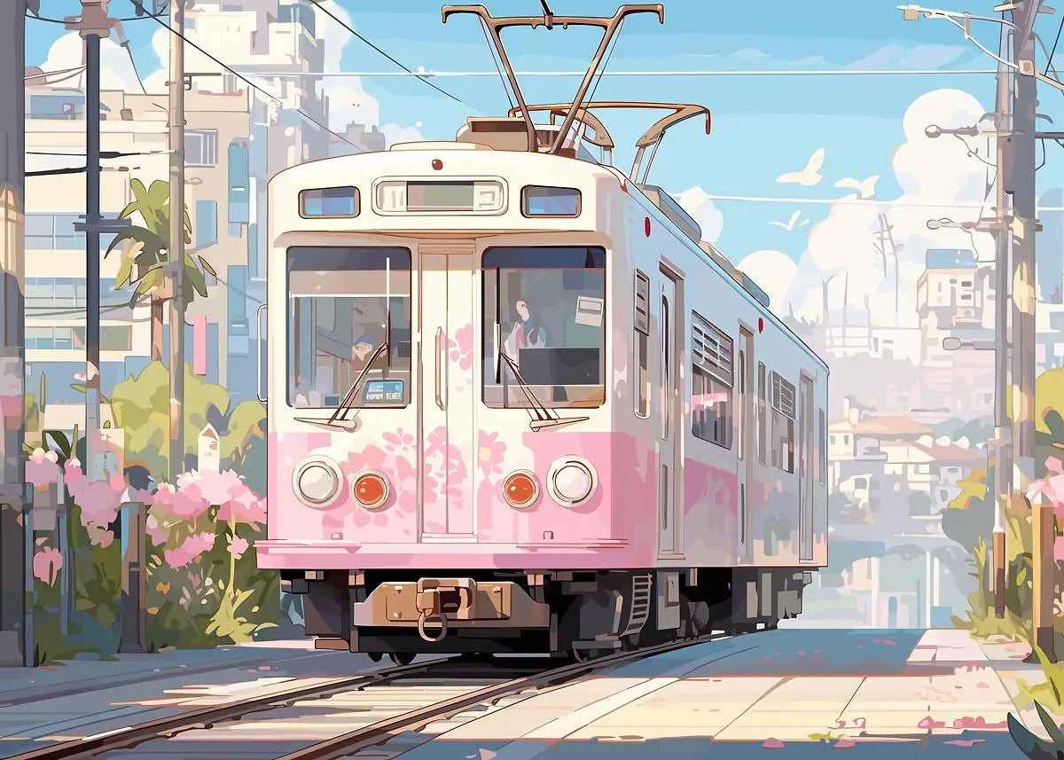 Aestheticism Anime Scenes Posters Sakura Tram Train Ocean View Landscape Prints Canvas Painting Wall Art Picture for Home Decor Peaceful Pleasures Health and Wellness SKU-8 20x30cm Unframed