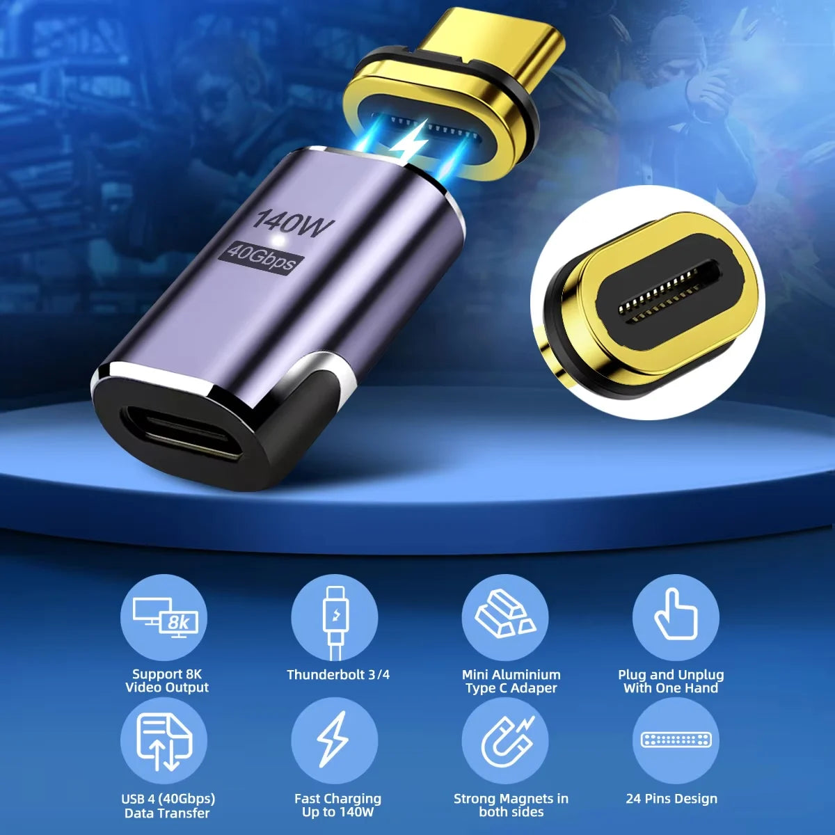 Magnetic USB-C Adapter USB4 Thunderbolt 3 140W 40Gbps 8K@60Hz Peaceful Pleasures Health and Wellness