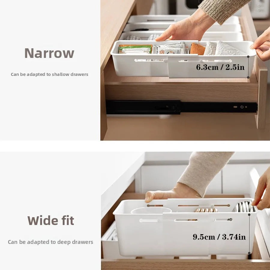 Expandable Sliding Drawer Tray with Adjustable Dividers – Glossy PS Plastic Drawer Organizer Bin