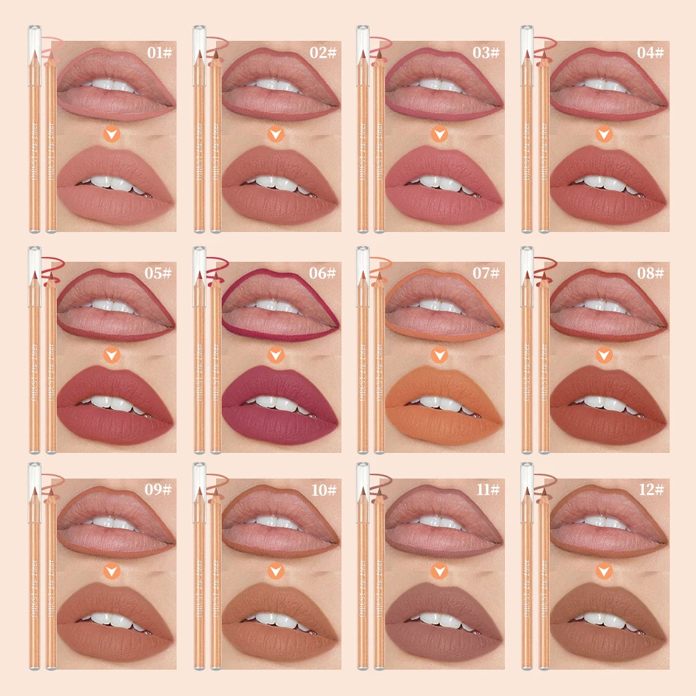 12pcs Lip Liner Pen Waterproof And Sweat-proof Not Easy To Fade Non-stick Cup Nude Lipstick Pencil Sets 12 Colors Lips Makeup Peaceful Pleasures Health and Wellness
