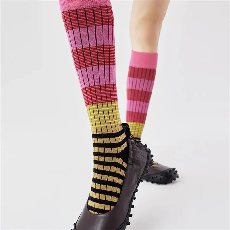 Women's Fashion Gradient Color Striped Retro Cotton Socks High Tube Soft and Comfortable Sports Women's Casual Socks Peaceful Pleasures Health and Wellness