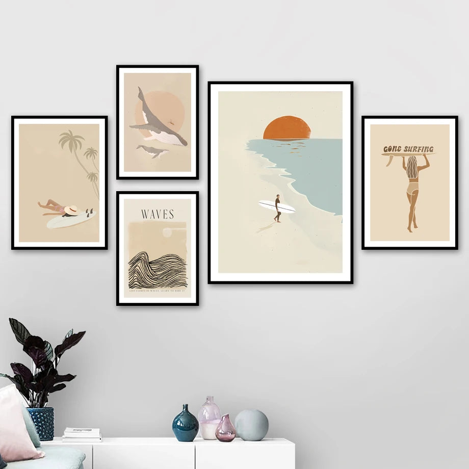 Nordic Summer Beach Canvas Wall Art | Sea, Whale & Sun Print