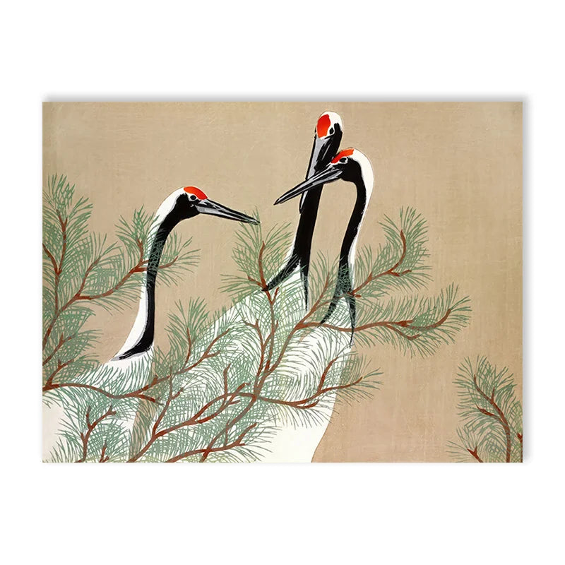 Red Crane Hokusai Canvas Wall Art | Coastal Vintage Print