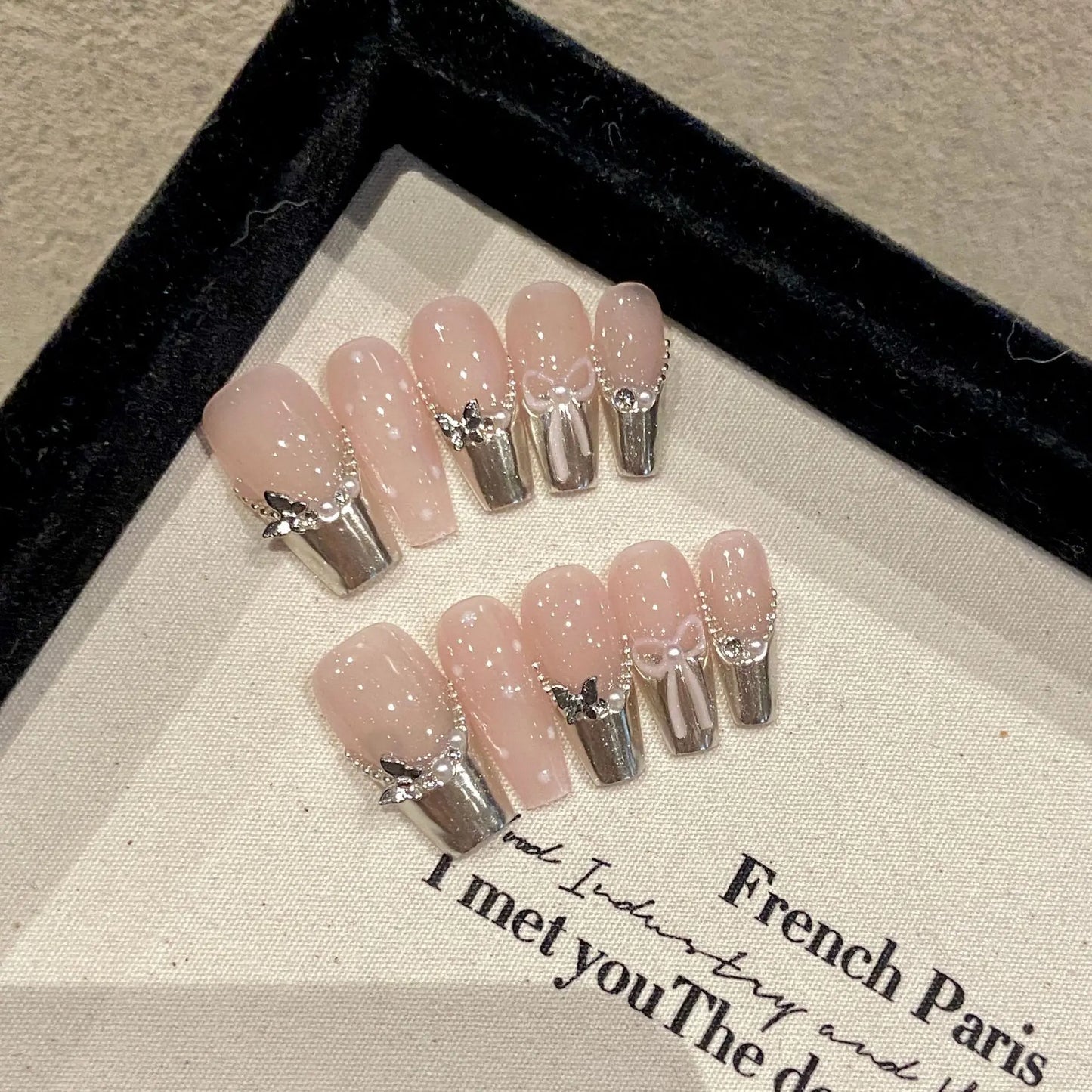 Y2K Press On Nails – Silver Butterfly Bow French Tips 10pc