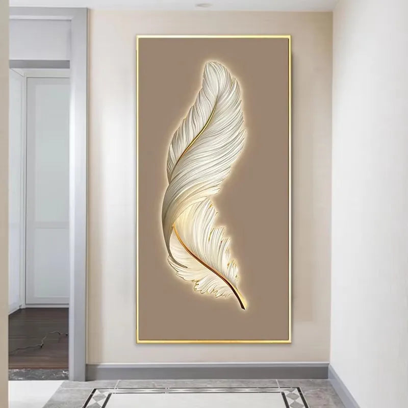 Nordic Luxury Abstract Wall Art Golden White Feathers Canvas Painting Gold Ribbon Posters for Porch Corridor Home Decoration Peaceful Pleasures Health and Wellness ZLH3200 30x45cm No Frame