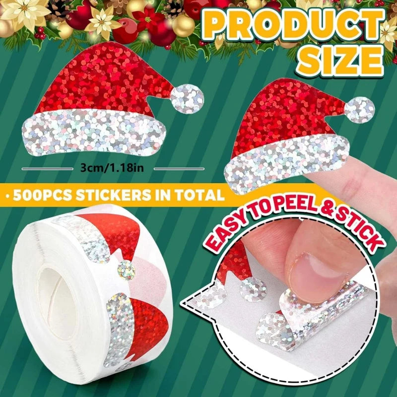 Santa Hat Stickers Roll Self-adhesive Laser Glitter Christmas