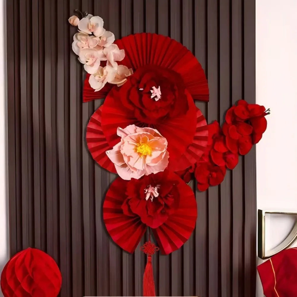 2025 Chinese New Year Wall Decoration Paper DIY Crafts Flower Backdrop Red Party Supplies Spring Festival Background Home Decor Peaceful Pleasures Health and Wellness A