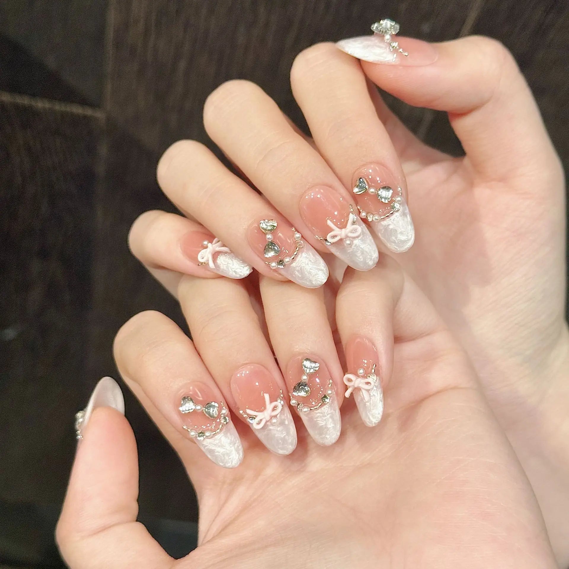 10pcs Handmade Press on Nails French Cat Eye Pink Bow Decor Korean False Nails Wearable Full Cover Ins Almond False Nail Tips Peaceful Pleasures Health and Wellness M