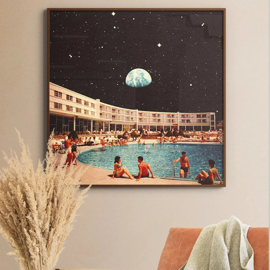 Retro Cosmic Sci-Fi Lunar Pool Canvas Wall Art Print | Decor Canvas Wall Art Peaceful Pleasures Health and Wellness G5257 21x30cm Unframed