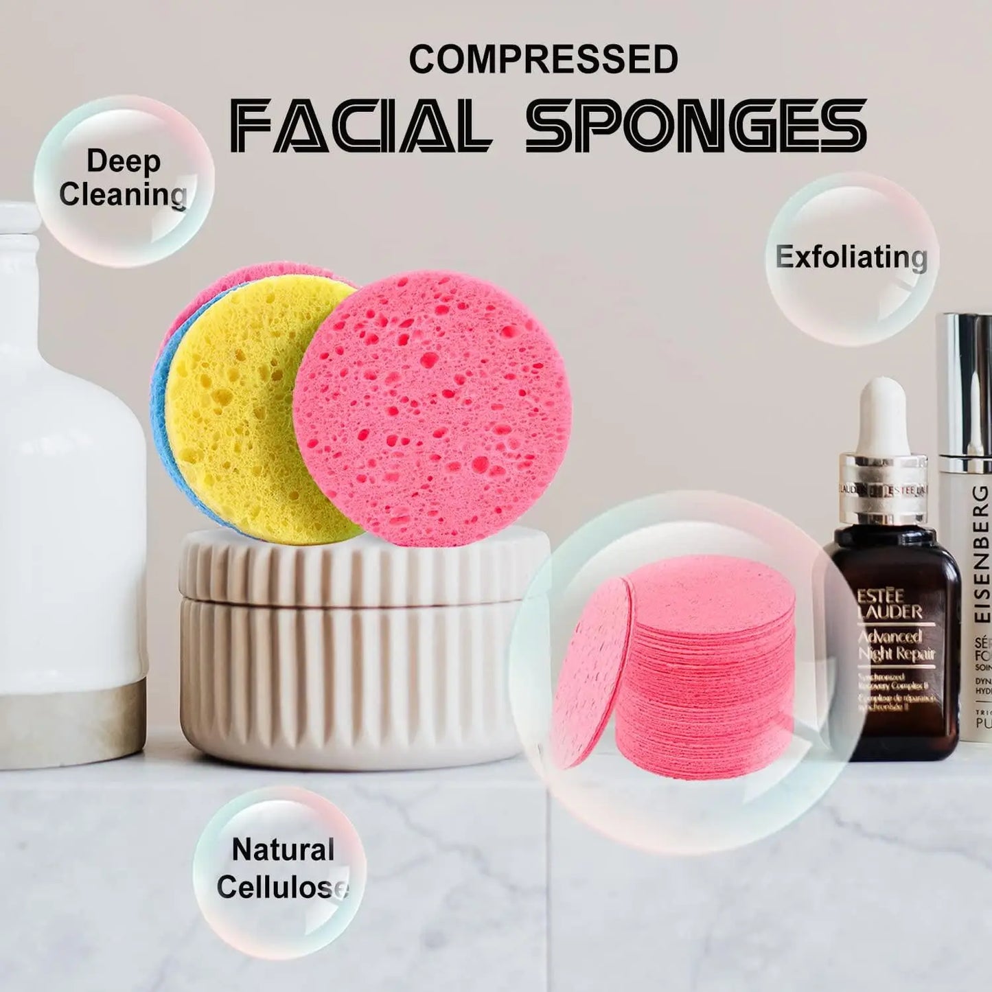 Compressed, 100% Natural Cellulose Face Sponges. Multi-use for cleansing, exfoliating & makeup removal. Expands with water. Peaceful Pleasures Health and Wellness