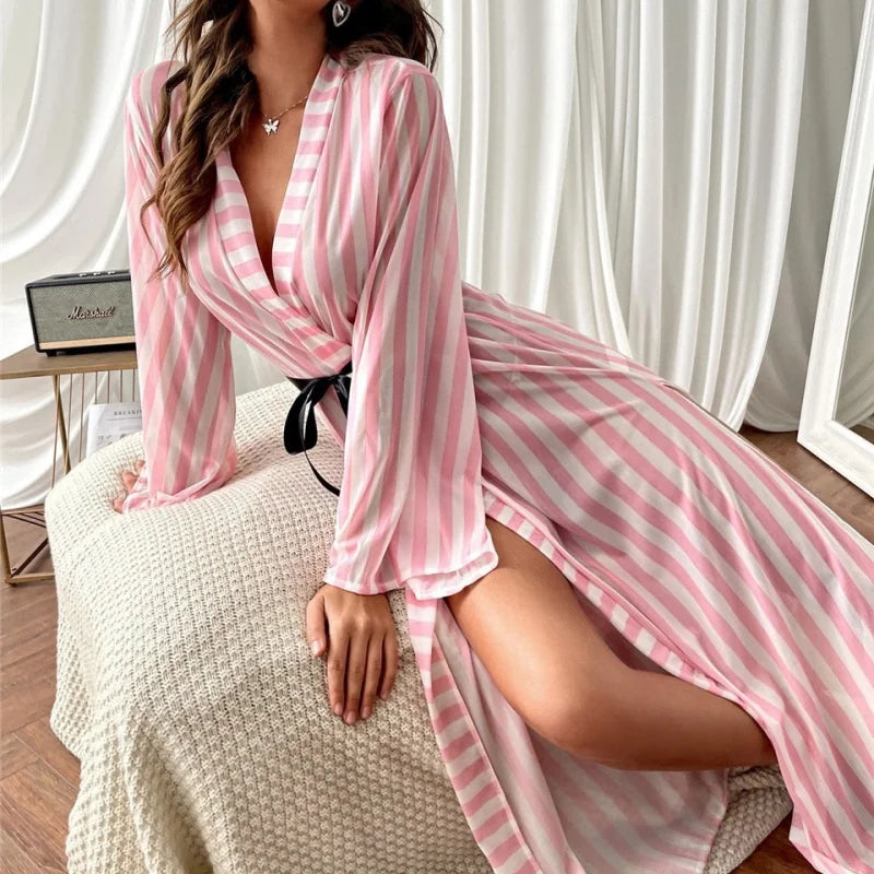 Women's Long Pink Striped Pajama Robe | Lightweight Sleepwear