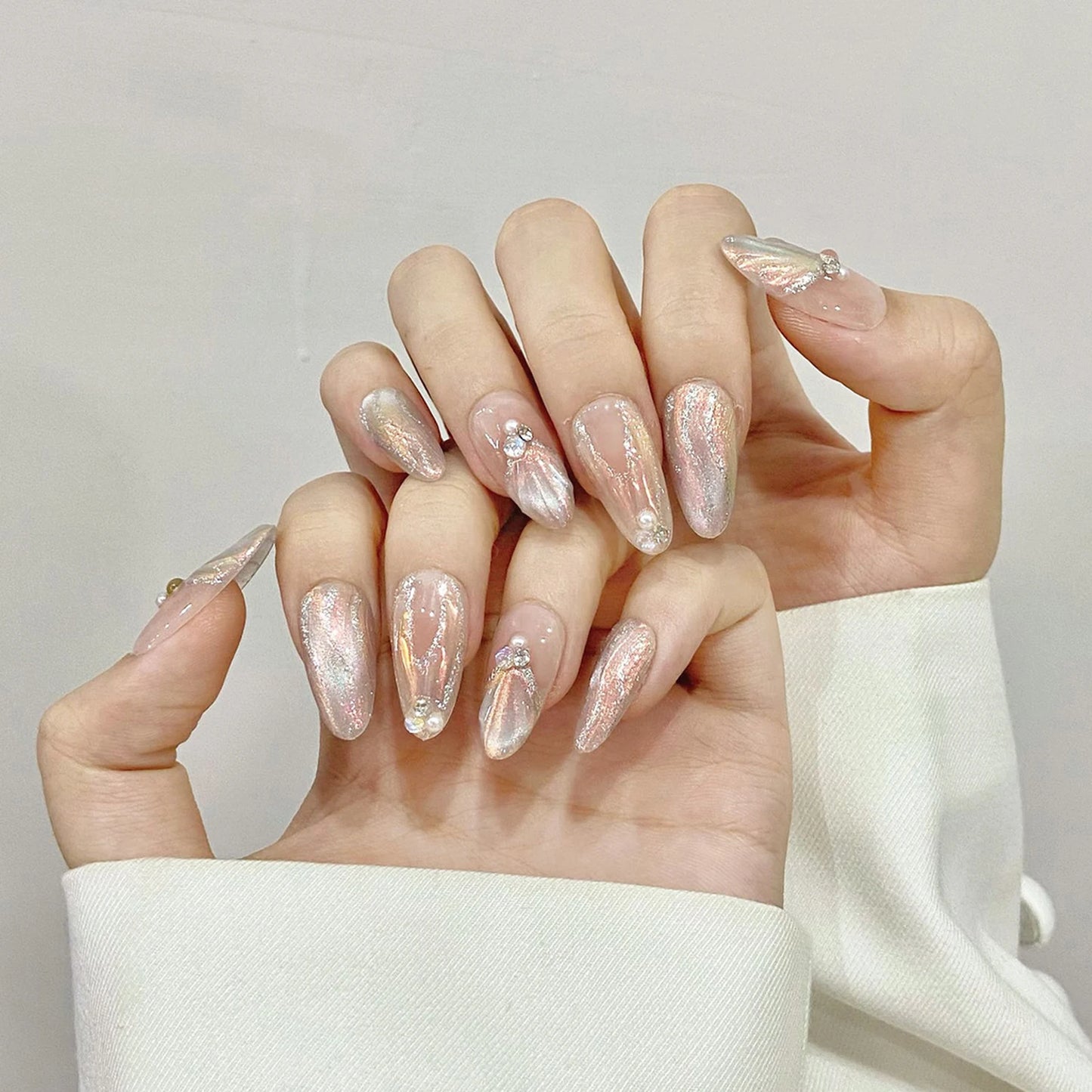 Handmade Press on Nails Blue Aurora Mermaid Fake Nail Patches Wearable Detachable French Pearl Almond False Nail Tips 10pcs Peaceful Pleasures Health and Wellness
