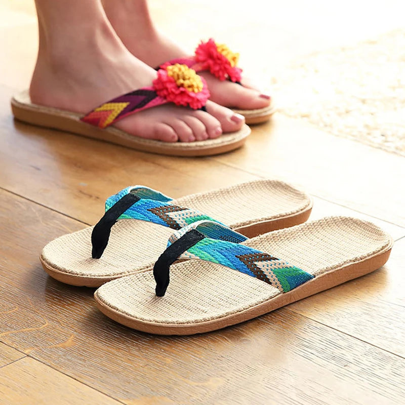 Men's Linen Flip Flops Striped EVA Non-Slip Beach Sandals