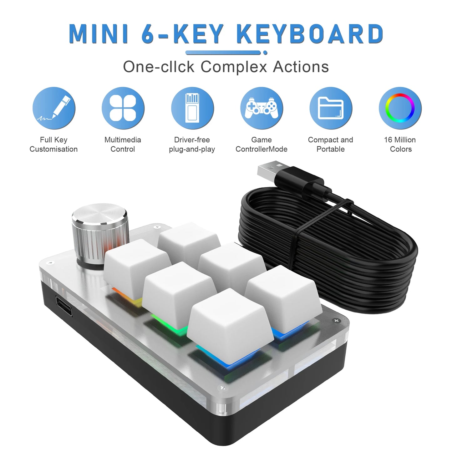 Wired Custom RGB 6 Key 1 Knob Keyboard Programming Macro Gaming Keypad Copy Paste PS Mechanical Keyboard Hot Swap Macro Keyboard Peaceful Pleasures Health and Wellness White 1