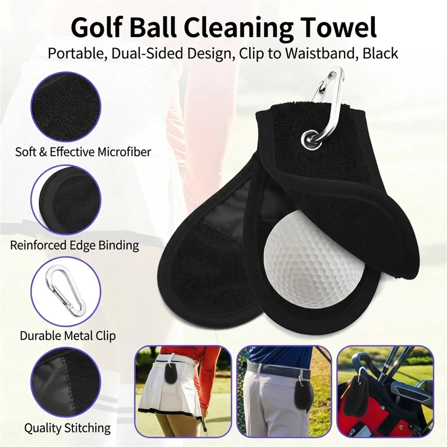 Golf Ball Cleaning Towel Portable Double Sided Design With Adjustable Hook For Waist Attachment Peaceful Pleasures Health and Wellness
