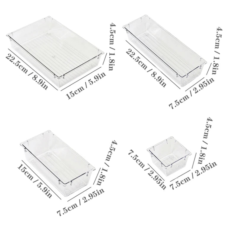 4 Pack Clear Plastic Drawer Organizer Trays, Acrylic Kitchen Drawer Organization and Storage Dividers, Storage Bins for Makeup