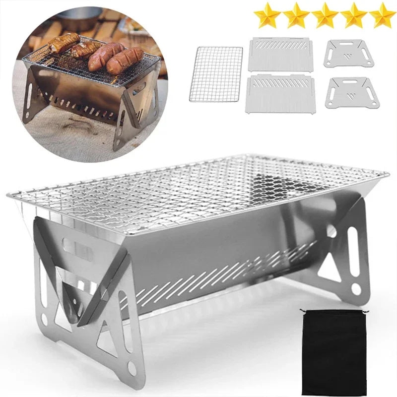 Portable Stainless Steel Camping BBQ Grill Rack & Firewood Stove