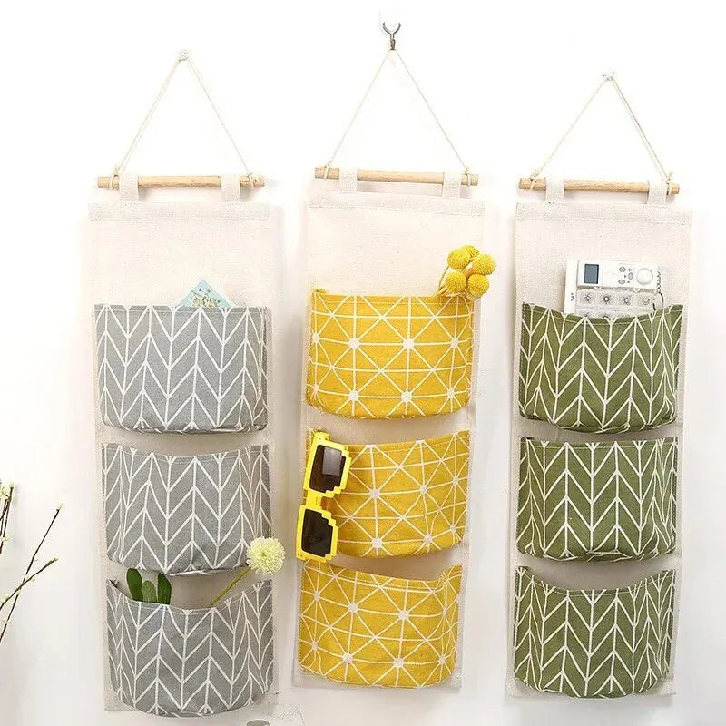 Cotton Linen Wall Hanging Storage Bag – 3-Pocket Organizer
