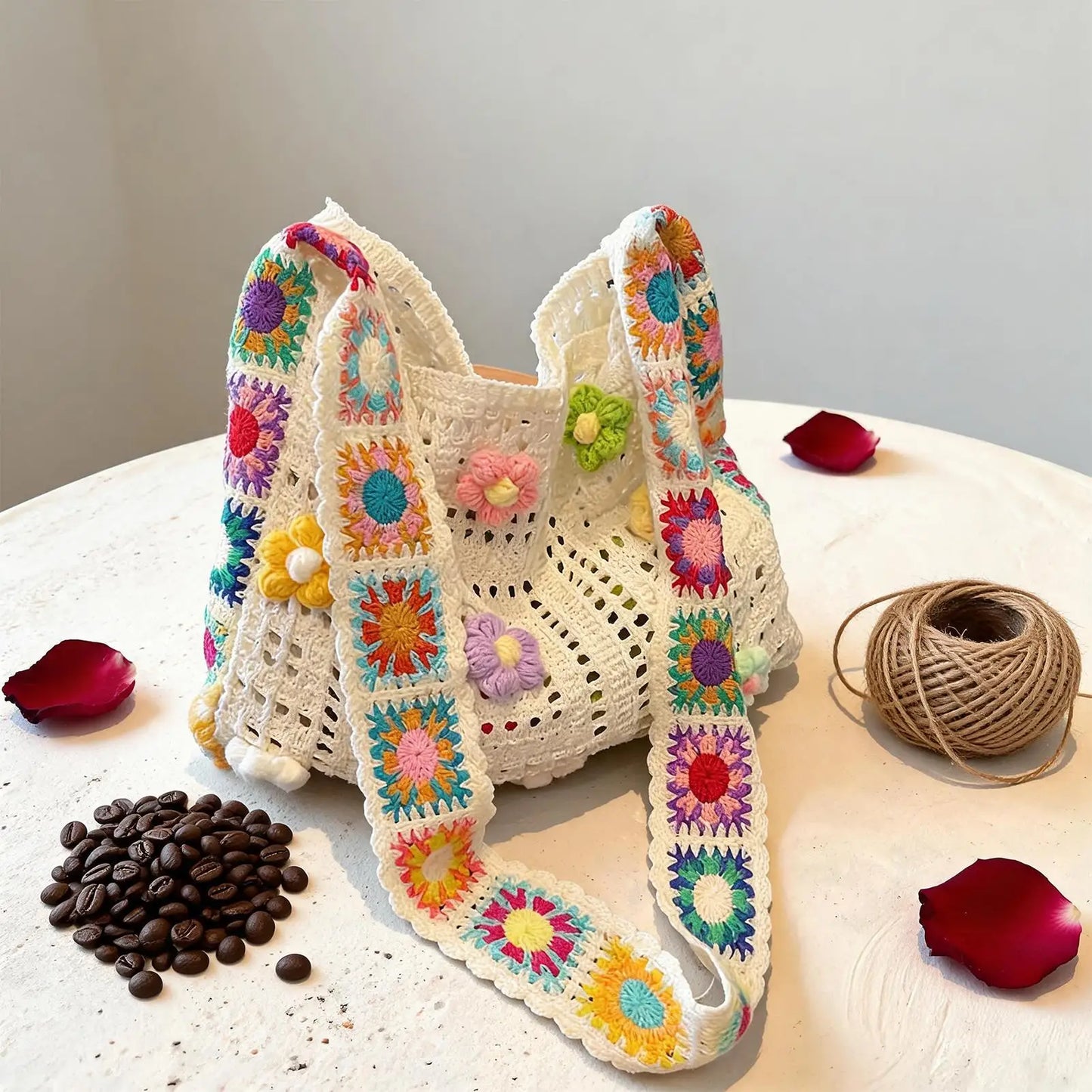 Handmade Crochet Bag For Women Girls, Floral Knit Beach Tote Summer Handbag For Travel Vacation Music Festival Dating Peaceful Pleasures Health and Wellness