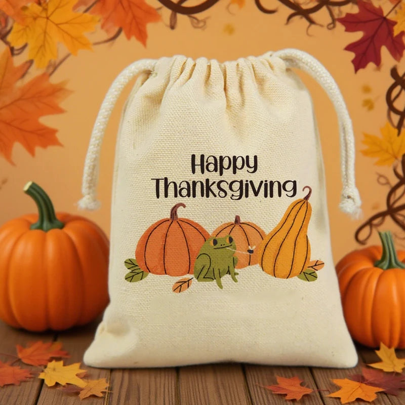Thanksgiving Pumpkin Drawstring Treat Bags for Kids – 5pcs
