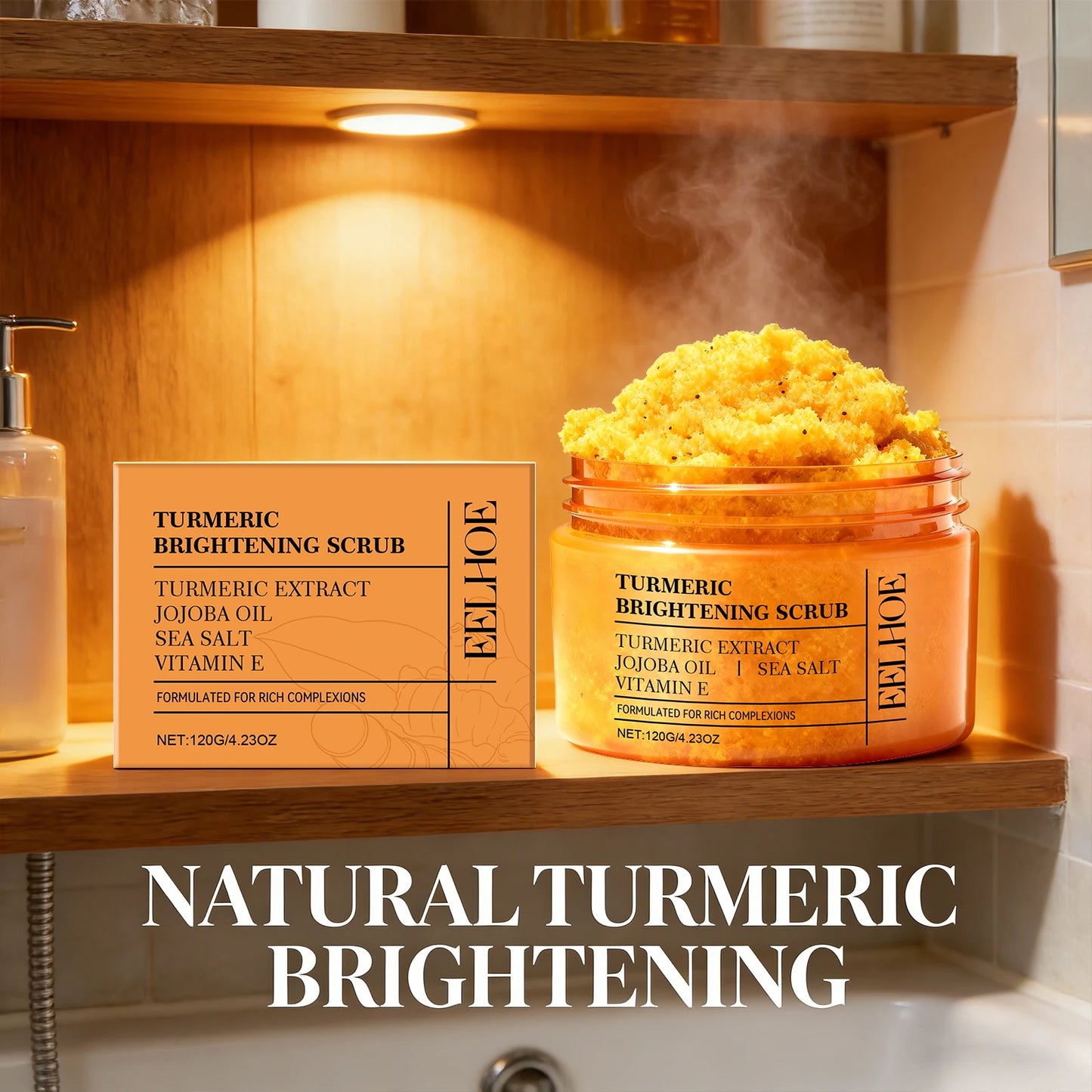 Turmeric Vitamin E Exfoliation scrub Smoothing Brightening Skin Care Reduce Dark Spots refreshed Turmeric Body Scrub Cosmetics Peaceful Pleasures Health and Wellness