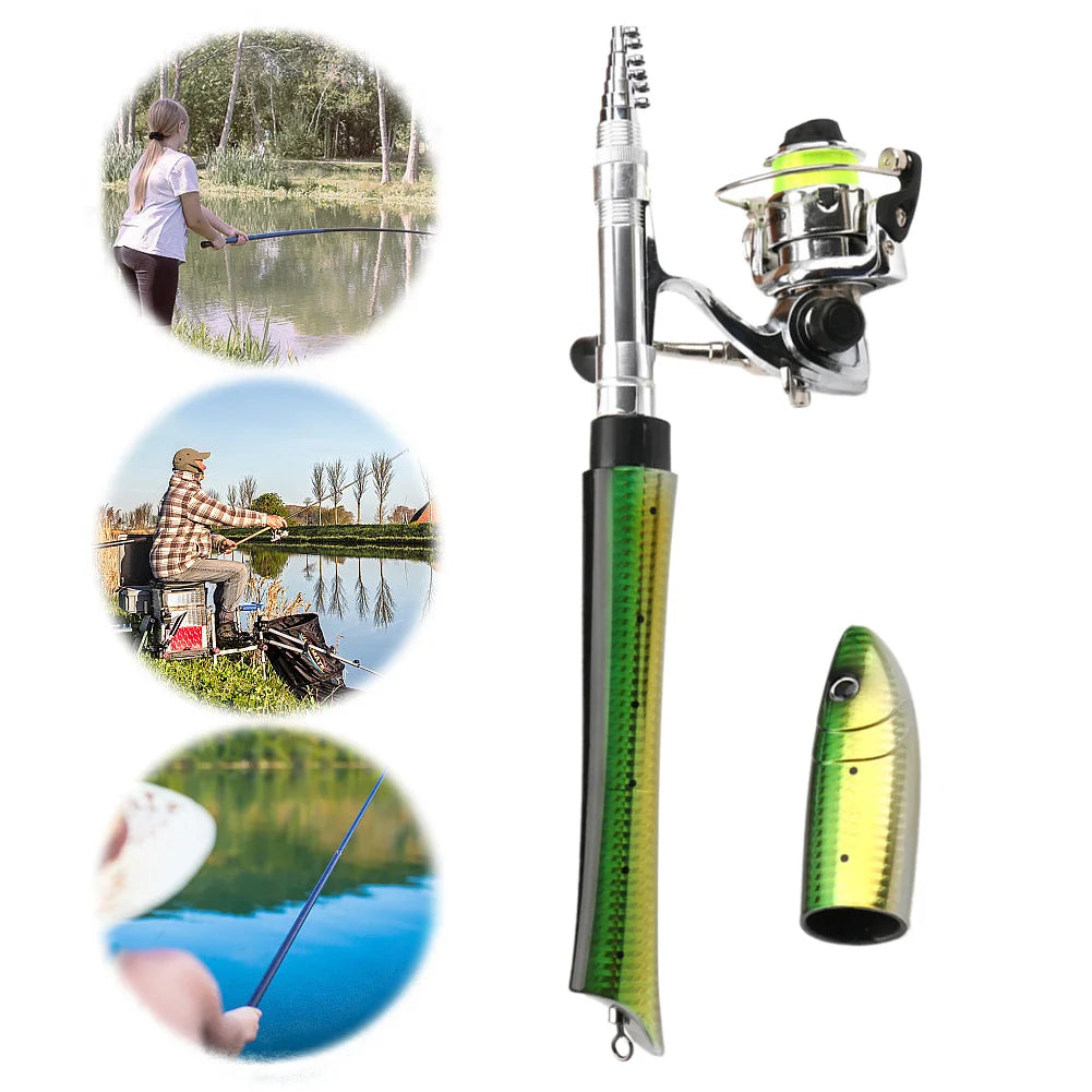 Portable Fish Shaped Fishing Rod Pole Reel Mini Pocket Pen Fishing Rod with Reel Fishing Pole with Reel Fishing Accessories Peaceful Pleasures Health and Wellness