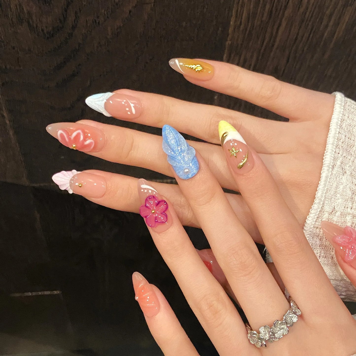 10pcs Handmade Almond Press on Nails Hand-carved Devil's Flower Design Fake Nail Tips Wearable Detachable Ins Sweet False Nails Peaceful Pleasures Health and Wellness