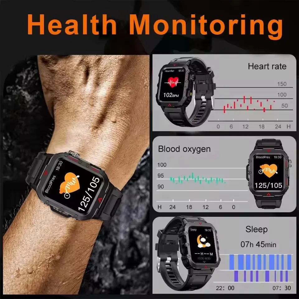 Rugged Military Smartwatch – Bluetooth Calls, IP68, Health Monitor