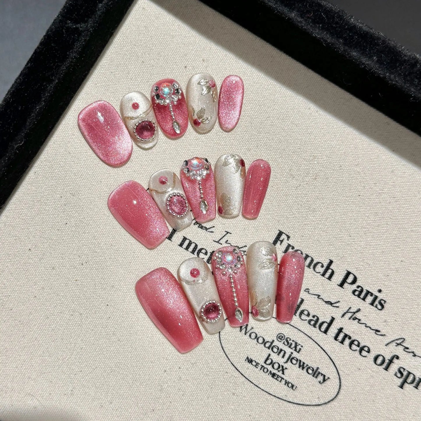 10pcs Pink Cat Eye Press On Nails – Handmade Full Cover Tips