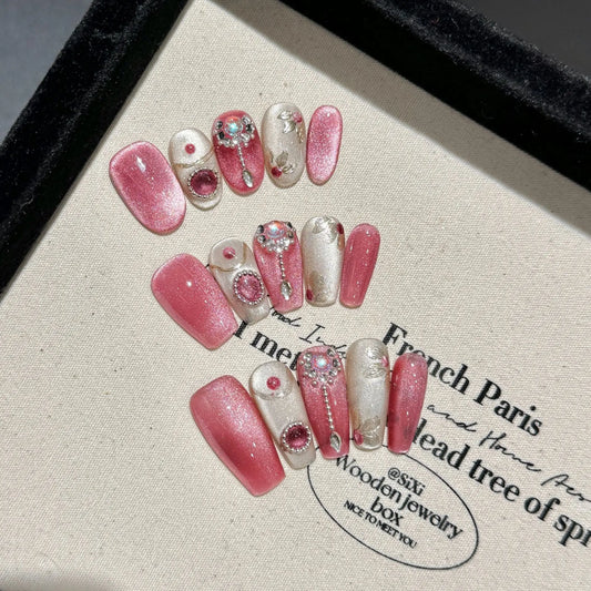 10pcs Pink Cat Eye Press On Nails – Handmade Full Cover Tips Press On Nails Peaceful Pleasures Health and Wellness
