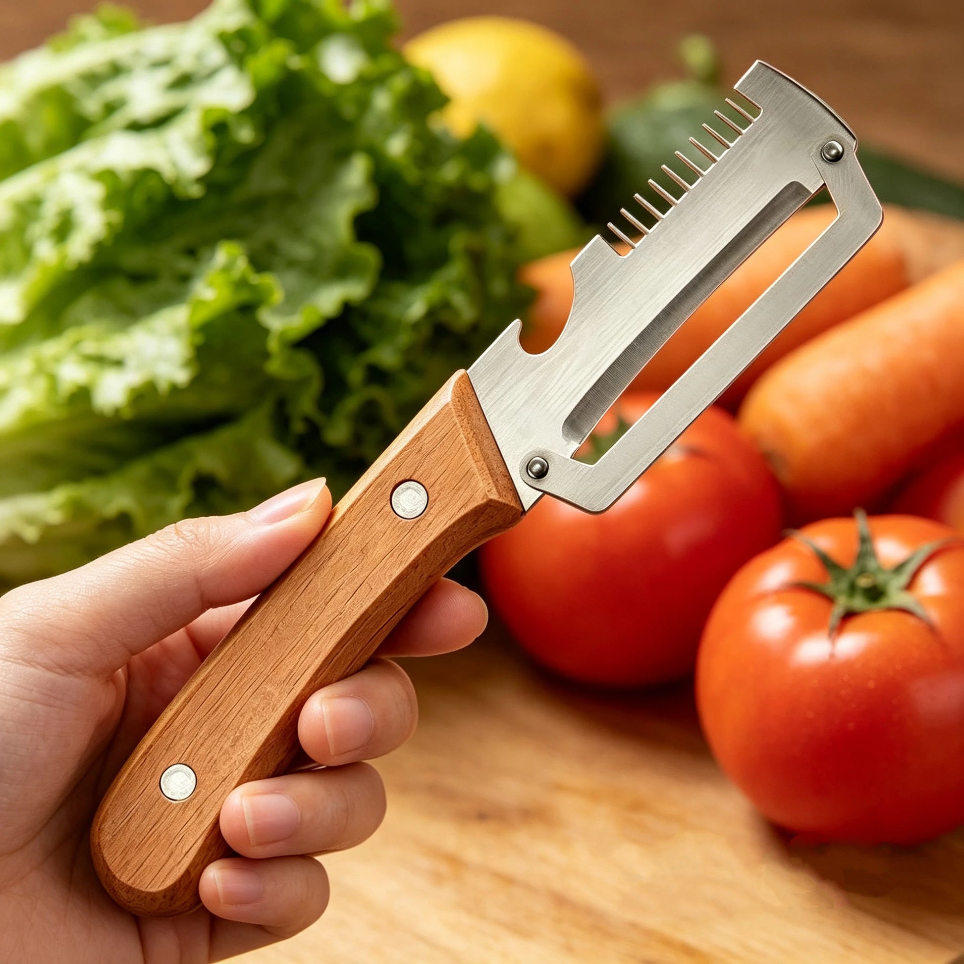 Stainless Steel Peeler with Wooden Handle – Multi-Function Fruit & Vegetable Peeling Tool Peaceful Pleasures Health and Wellness