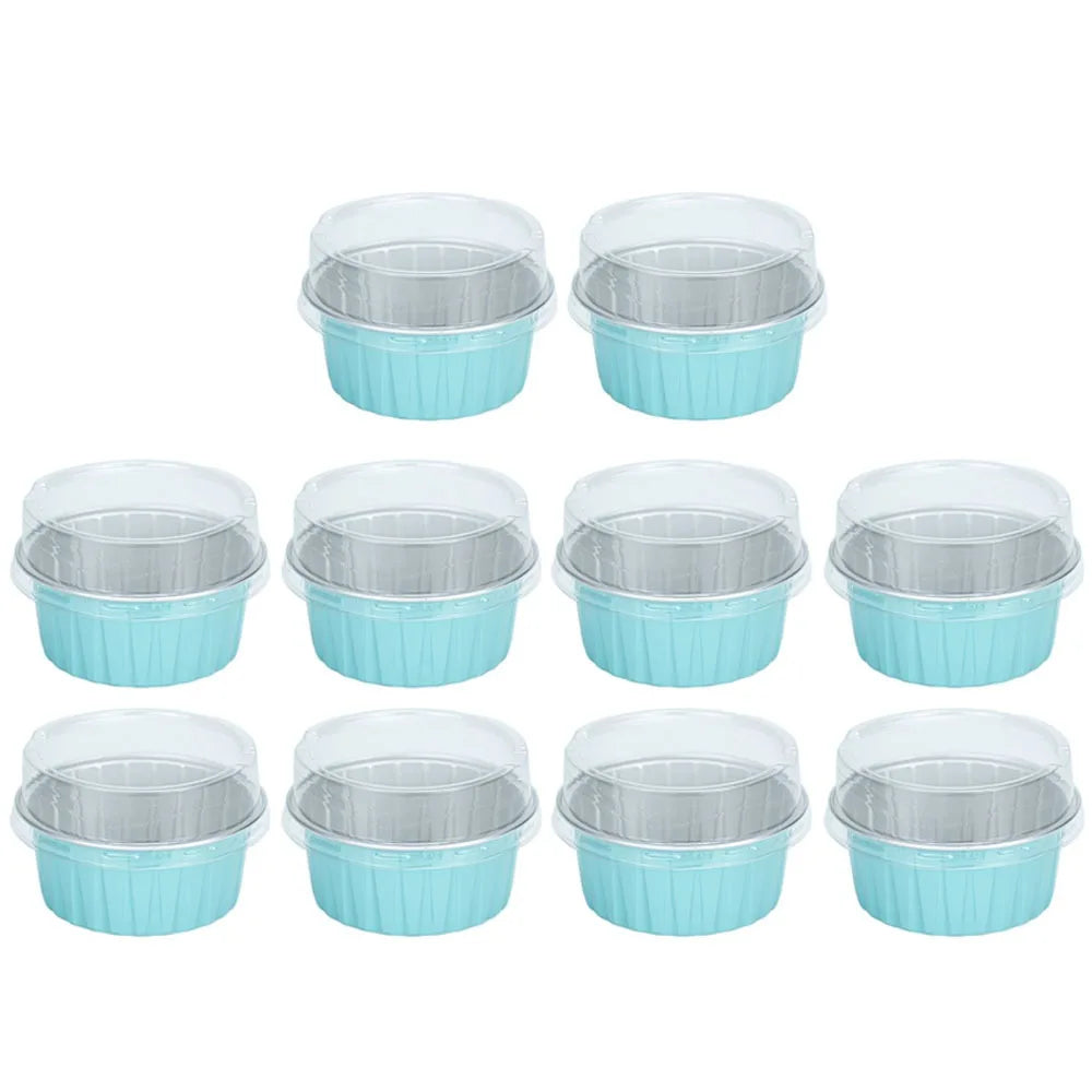 10pcs Gifts Reusable Aluminum Foil Tin Cup Cake Tool Small Baking Tinfoil Box Round Tray Tinfoil Cups Peaceful Pleasures Health and Wellness blue with lid