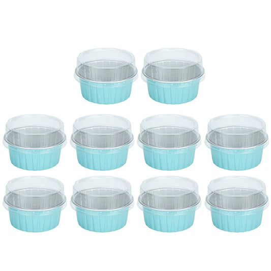 10pcs Gifts Reusable Aluminum Foil Tin Cup Cake Tool Small Baking Tinfoil Box Round Tray Tinfoil Cups Peaceful Pleasures Health and Wellness blue with lid