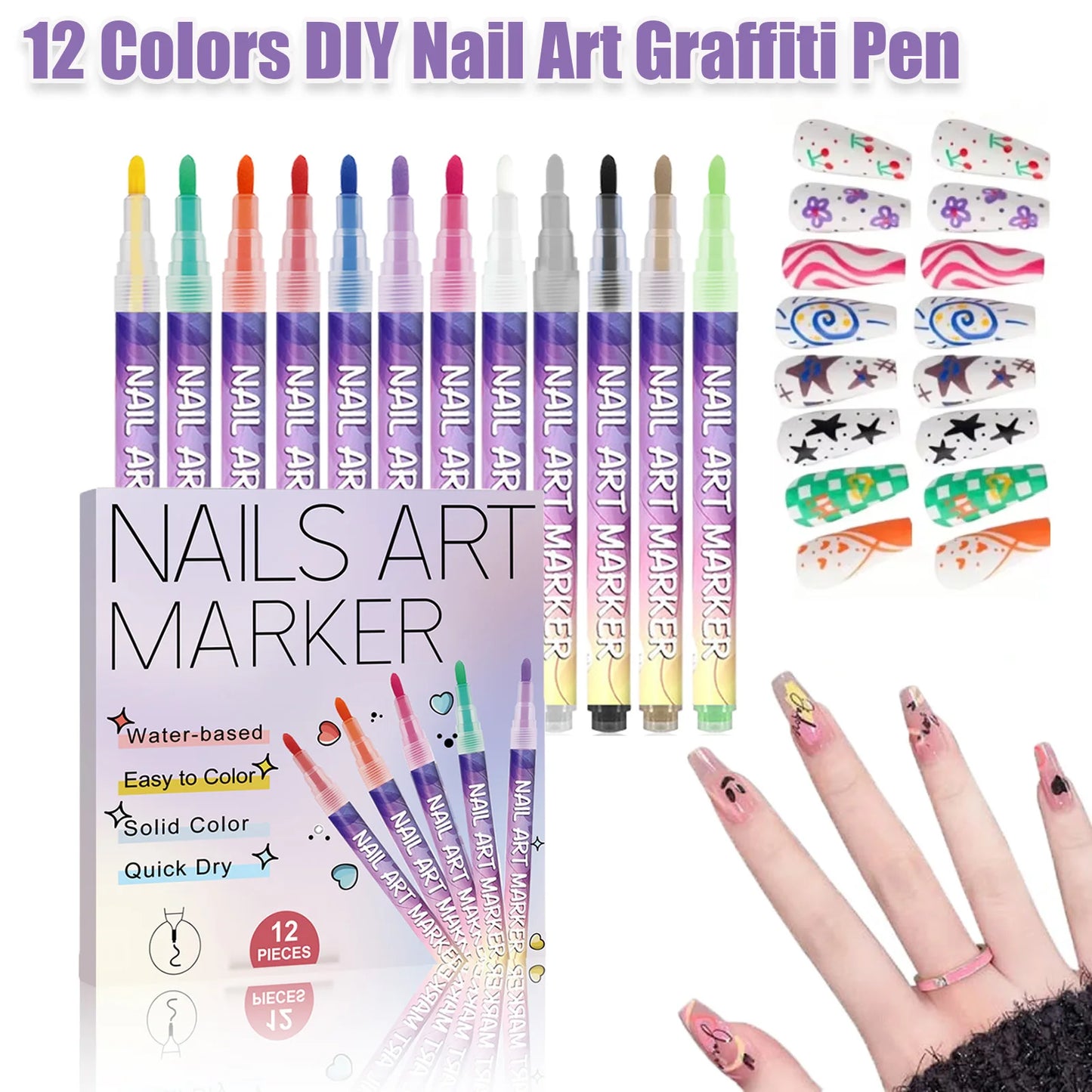 12-Color Nail Art Pens – 3D Acrylic Dotting & Graffiti Set
