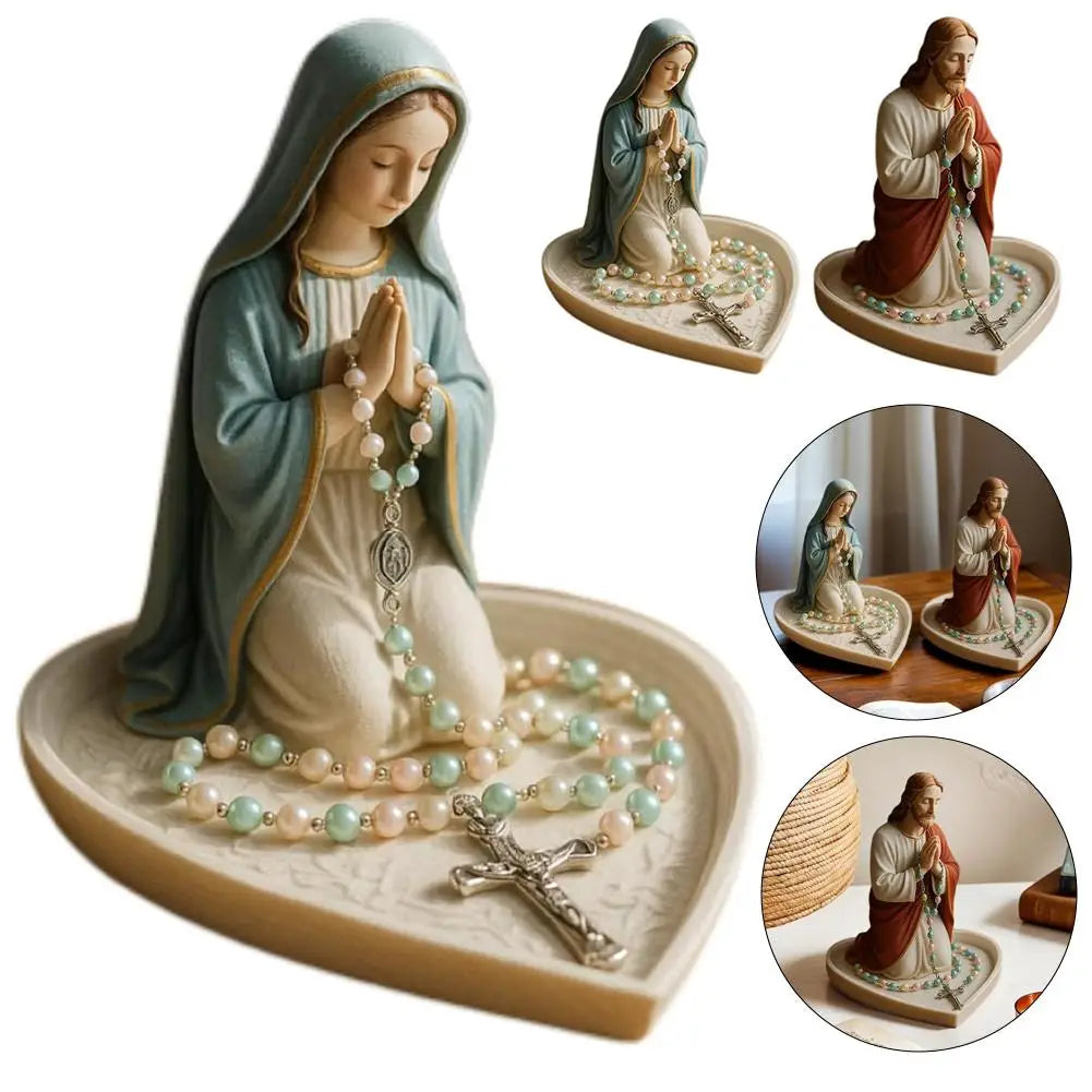 Virgin Mary Resin Rosary Holder Statue | Prayer Bead Tray
