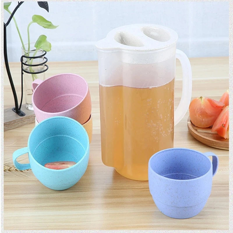 5-Piece Wheat Straw Portable Drinking Cup & Kettle Set – Reusable Eco-Friendly Picnic & Camping Drinkware