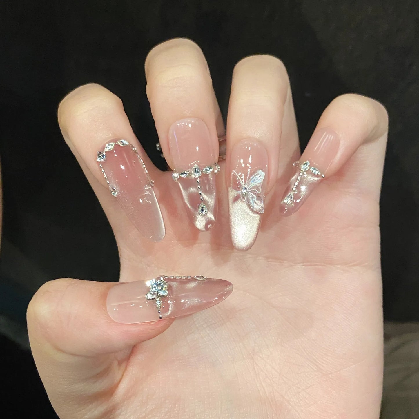 10pcs Handmade Press on Nails Pink Butterfly Design Fake Nails Wearable Reusable Glitter Cat Eye Sweet Korean False Nail Tips Peaceful Pleasures Health and Wellness