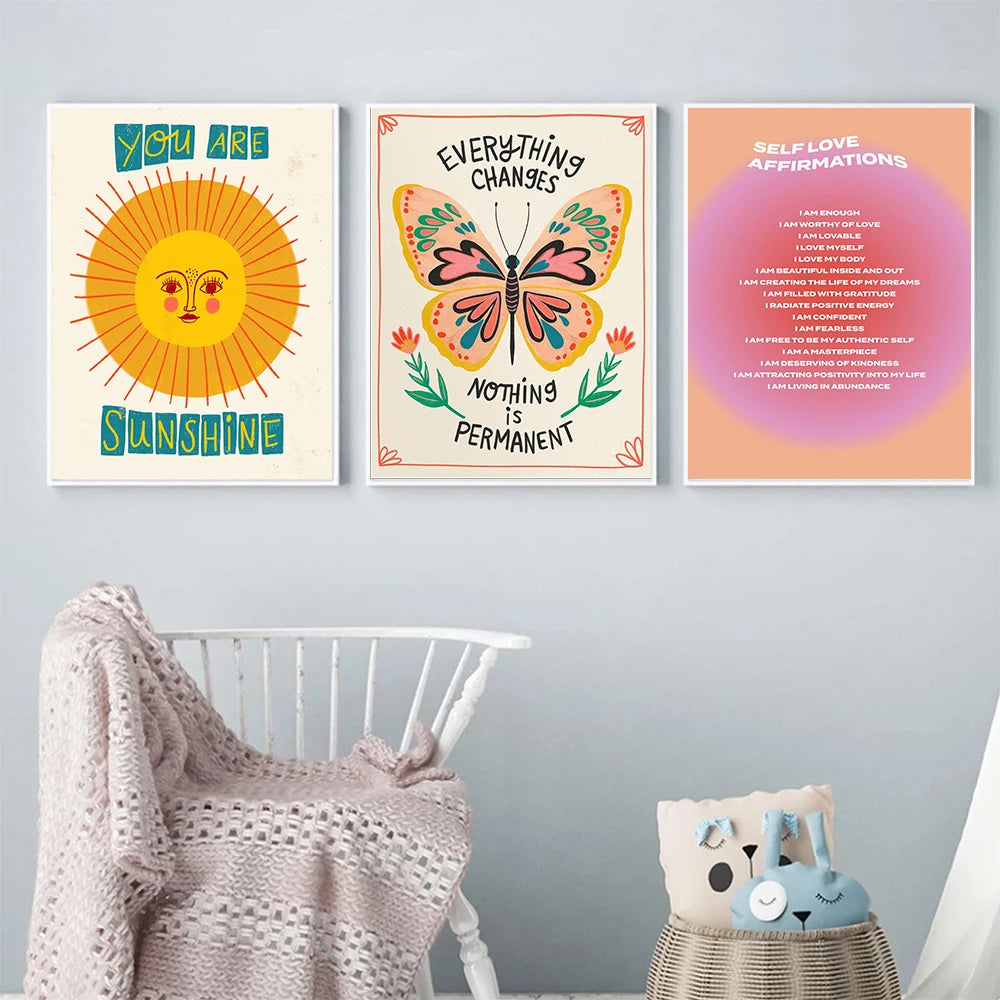 Inspirational Quote Flower Design Canvas Painting Colorful Boho Rainbow Wall Art Poster Print Girl Room Nursery Decor Picture Peaceful Pleasures Health and Wellness