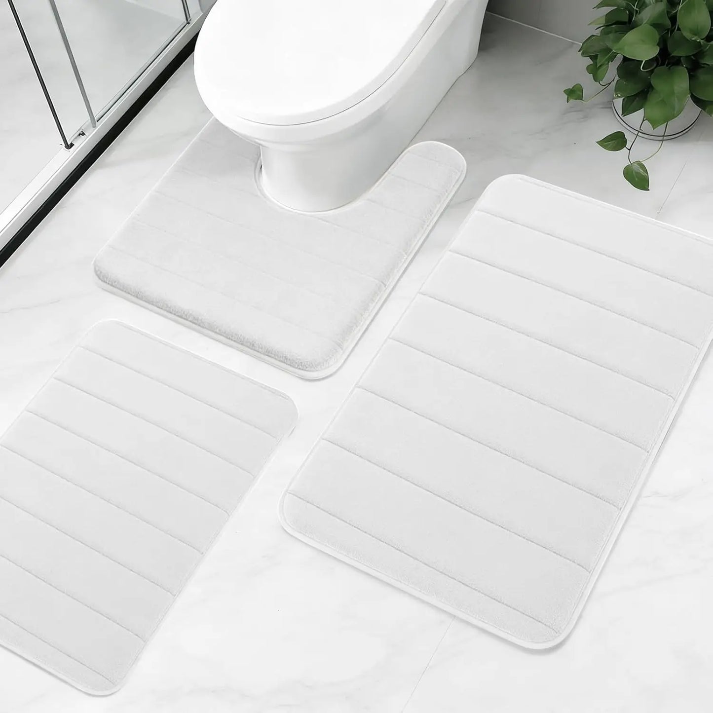 3Piece Non-Slip Bath Mat Set Memory Foam Bathroom Rugs Water Absorbent Shower Mat Machine Washable Toilet Mat for Bathroom Floor Peaceful Pleasures Health and Wellness White