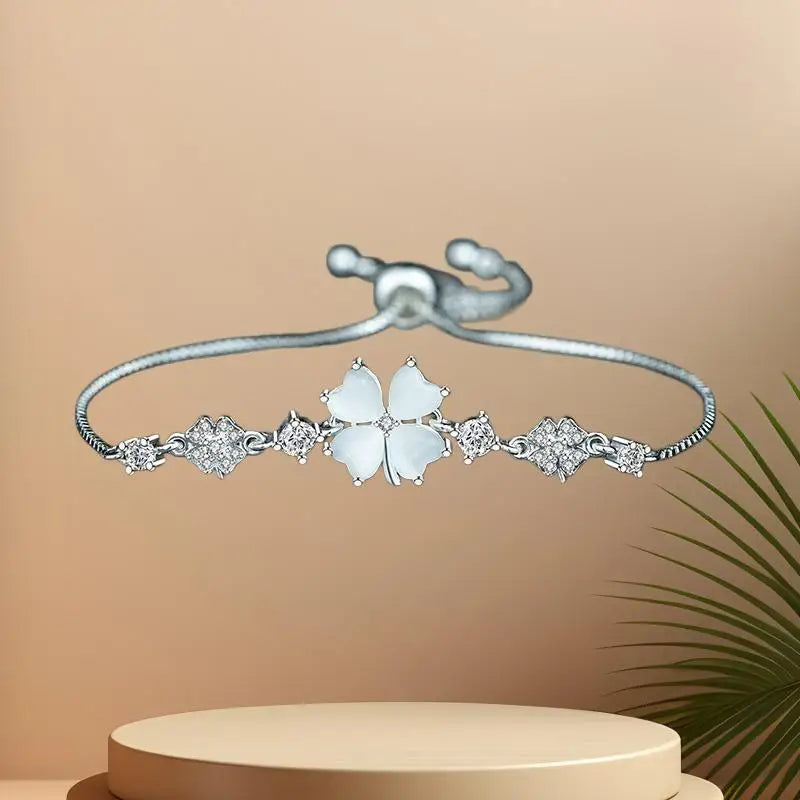 Four Leaf Clover Zircon Opal Charm Bracelet | Adjustable Bangle