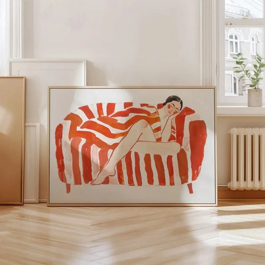 Modern Abstract Wall Art - Woman Relaxing on Red Orange Striped Couch - Large Canvas Print Decor - Unique Line Drawing Unframed Peaceful Pleasures Health and Wellness