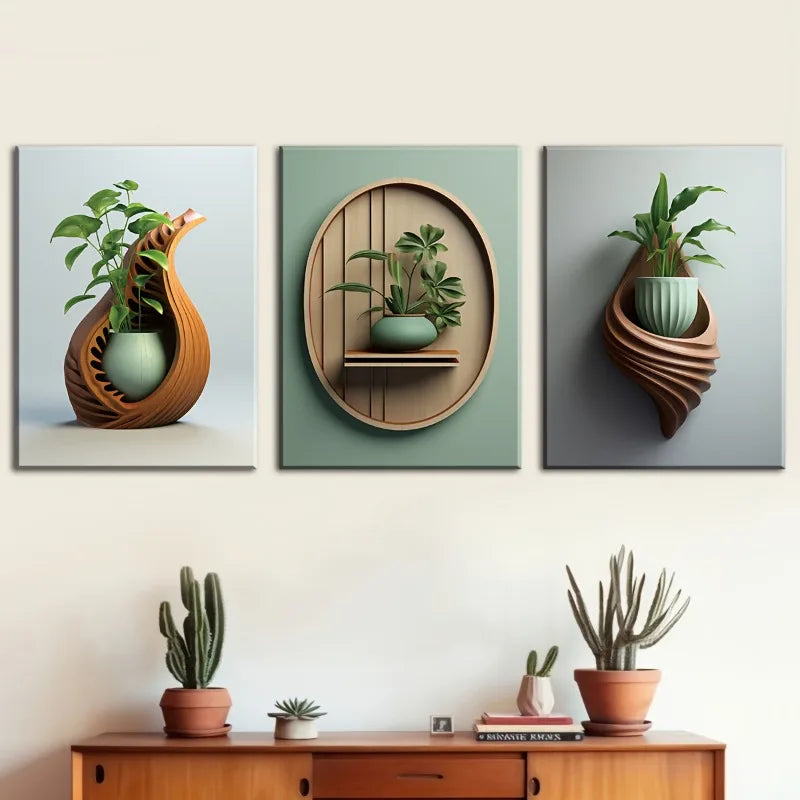 3-Piece Plant Vase Canvas Wall Art | Frameless Abstract Prints Canvas Wall Art Peaceful Pleasures Health and Wellness