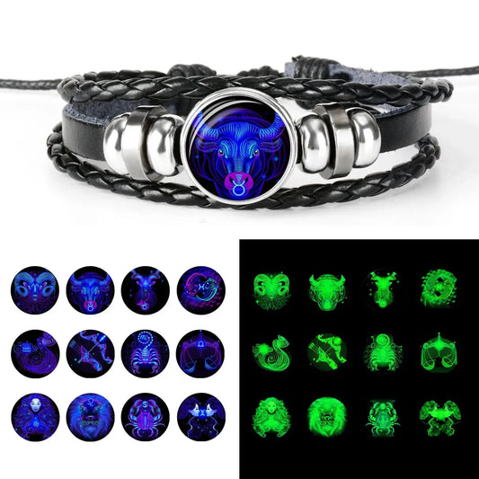 Zodiac Constellation Leather Bracelet – Glass Dome Charm Unisex Charm Bracelet Oasis Select