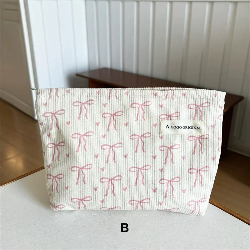 Corduroy Travel Makeup Bag with Bow – Zipper Cosmetic Pouch