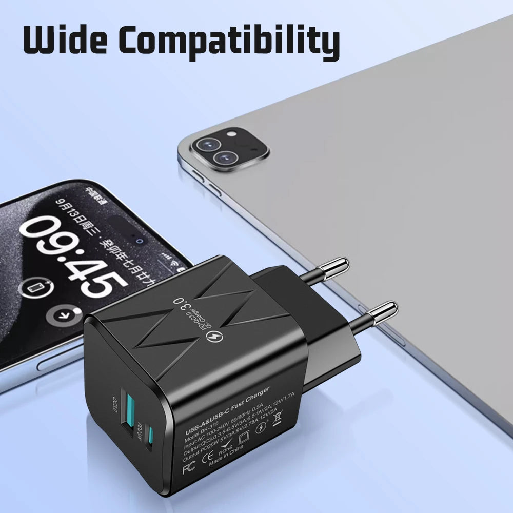 25W PD QC3.0 Dual Port Fast Charger USB-C Travel Adapter