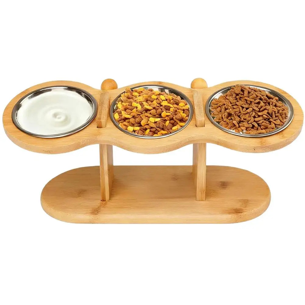 Elevated Wood Pet Feeder with 3 Stainless Steel Bowls | Cat & Dog