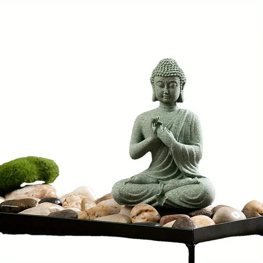 Zen Buddha statue ornaments fish tank rockery bonsai flowing water figure micro landscape decoration Green Sandstone small Craft Peaceful Pleasures Health and Wellness