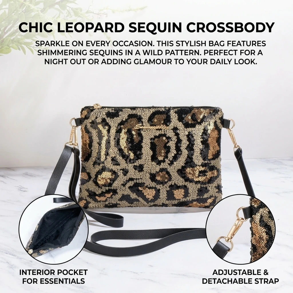Women's Sequin Leopard Crossbody Shoulder Bag & Clutch
